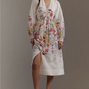 Anthropologie Let Me Be Long-Sleeve V-Neck Floral A-Line Midi Dress